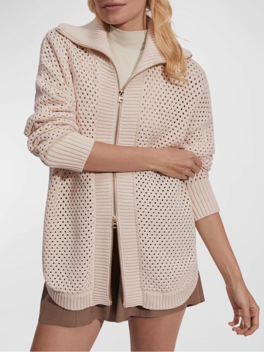 Varley Finn Longline Open-Knit Zip Cardigan / Jacket in Cream, size M